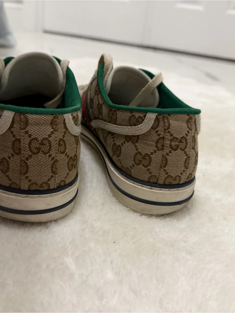Gucci Beige Brown GG Canvas Sneakers with Green & Red Stripe
